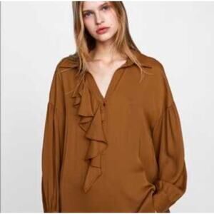 ZARA Woman Brown Ruffle Front Blouse Top Long Sleeve Button Up Size Small